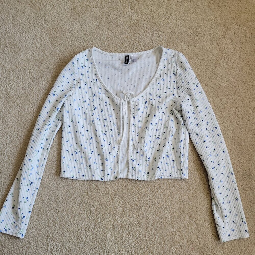 H&M Divided Coquette Floral Tie Front Ribbed Top Long Sleeve Size L